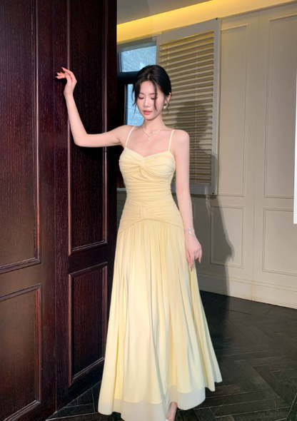Robe de demoiselle d'honneur jaune tendance à fines bretelles, robe d'anniversaire fourreau, robe de bal en mousseline de soie ED07845