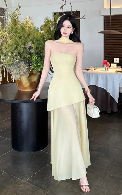 Robe Jaune Élégante Style Français pour Femmes, Robe de Vacances Bustier ED07847