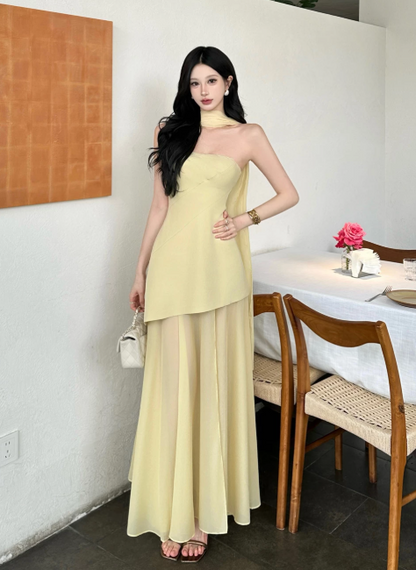 Robe Jaune Élégante Style Français pour Femmes, Robe de Vacances Bustier ED07847