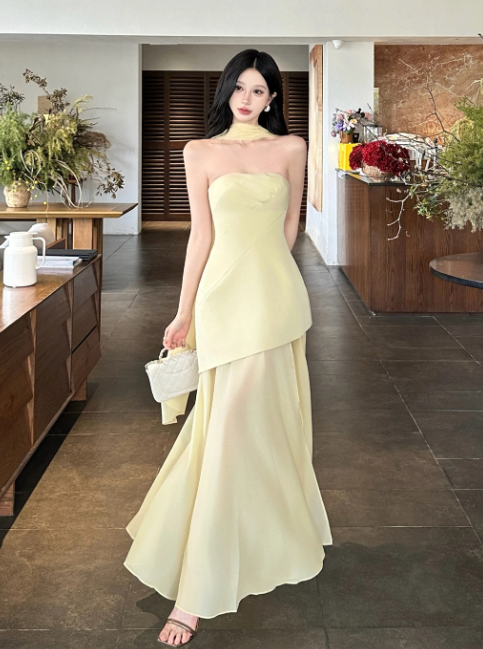 French-style Elegant Yellow Women Dress Strapless Vacation Dress   ED07847