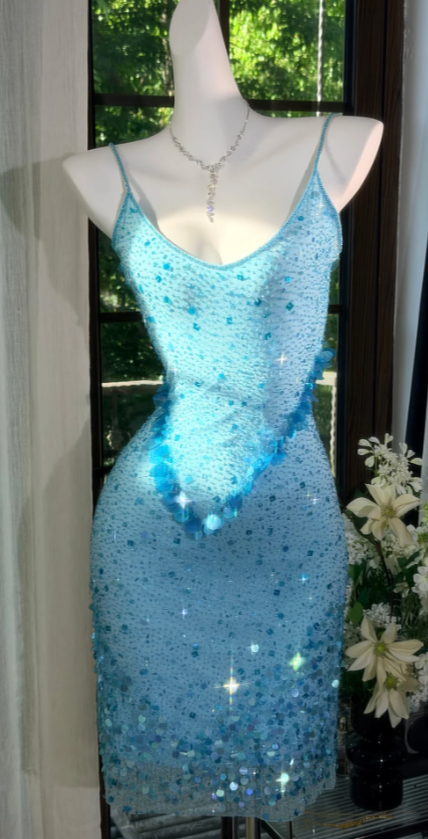 Fashion Spaghetti Straps Sheath Cocktail Dress Chiffon Beaded Short Prom Dress Blue Homecoming Dress ED07856