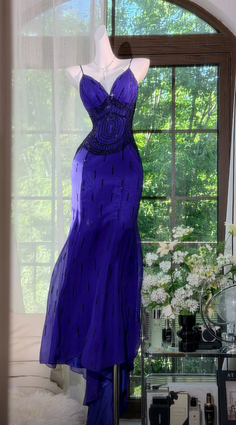Chic Spaghetti Straps Sheath Chiffon Beaded Long Prom Dress Purple Prom Dress ED07857