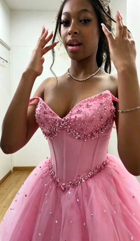 Élégante robe de quinceañera en tulle coupe évasée à épaules dénudées, longue robe de bal perlée, robe rose pour les 16 ans ED07858