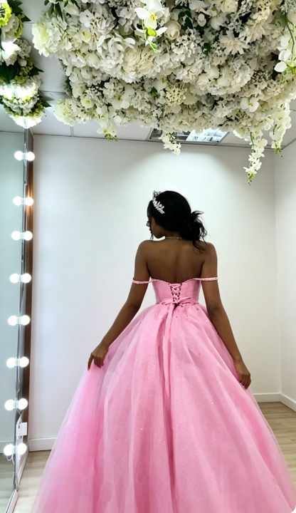 Élégante robe de quinceañera en tulle coupe évasée à épaules dénudées, longue robe de bal perlée, robe rose pour les 16 ans ED07858