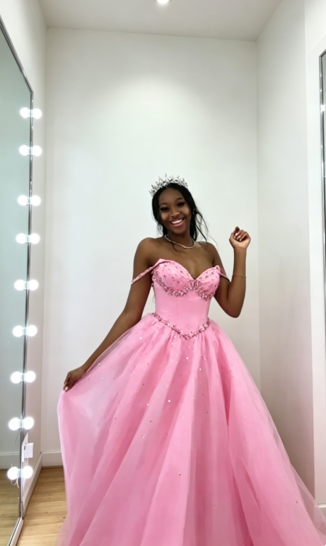Chic Off-shoulder A-Line Quinceanera Dress Tulle Beaded Long Prom Dress Pink Sweet 16 Dress ED07858