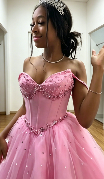 Élégante robe de quinceañera en tulle coupe évasée à épaules dénudées, longue robe de bal perlée, robe rose pour les 16 ans ED07858