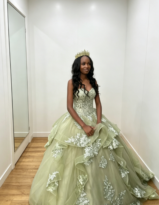 Chic Sweetheart A-Line Quinceanera Dress Tulle Beaded Long Prom Dress Green Sweet 16 Dress ED07859