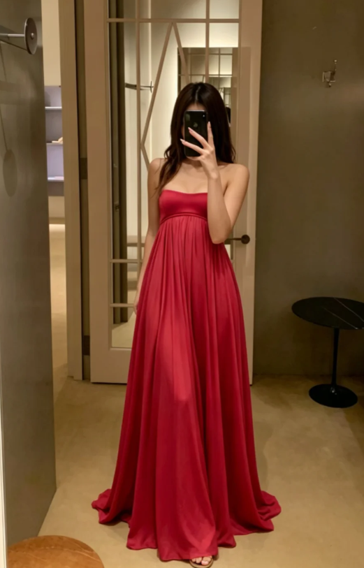 Vintage Strapless Imperial Chiffon Long Evening Dress Red Prom Dress ED07861