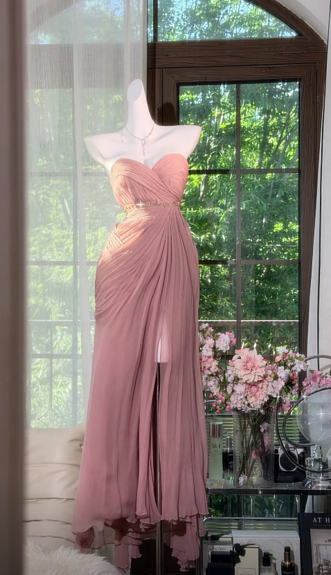 Vintage Sweetheart Ferienkleid Etui Chiffon Langes Abendkleid Rosa Hochzeitsgast Kleid ED07861