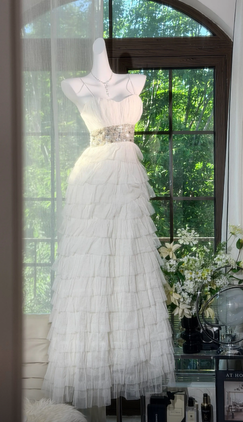 Vintage Spaghetti Straps Vacation Dress A-Line Tulle Long Evening Dress White Wedding Guest Dress ED07863