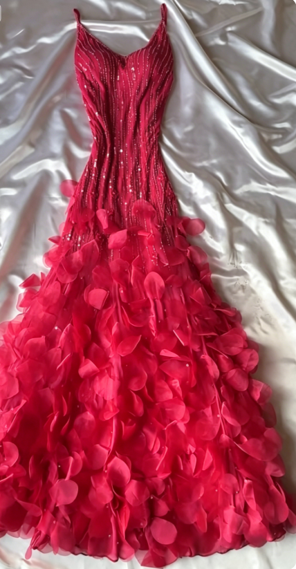 Chic Spaghetti Straps A-Line Beaded Chiffon Long Evening Dress Hot Pink Prom Dress ED07865