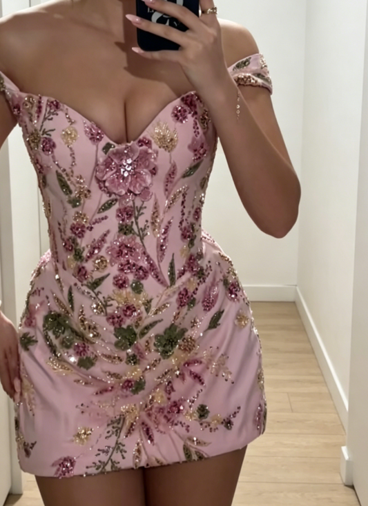 Chic Off-shoulder Sheath Short Prom Dress Beaded Sequins Pink Birthday Dress Satin Sleeveless Graduation Party Dress ED07866