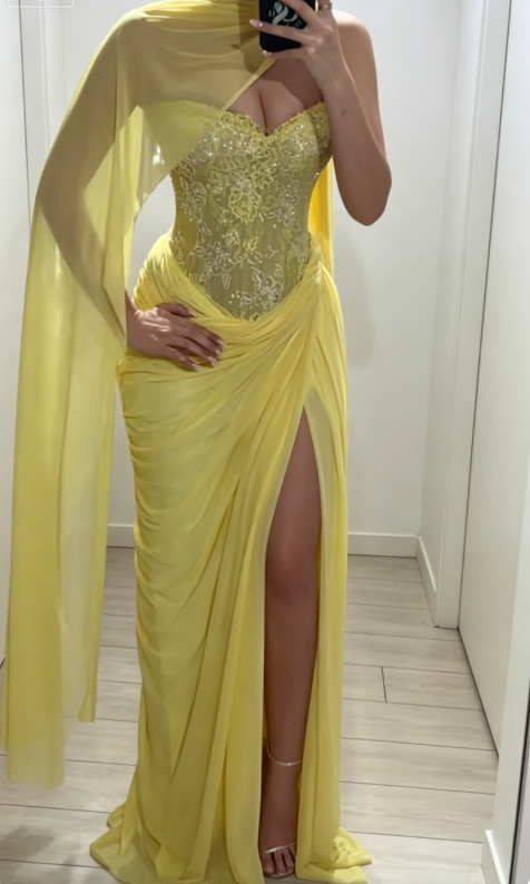 Chic Sweetheart Sheath Chiffon Lace Long Evening Dress Yellow Prom Dress ED07867