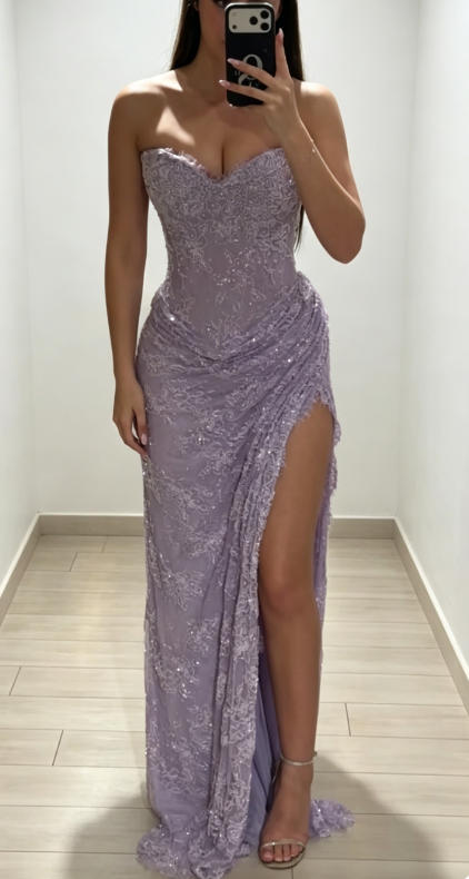 Chic Sweetheart Sheath Lace Long Evening Dress Lavender Prom Dress ED07868