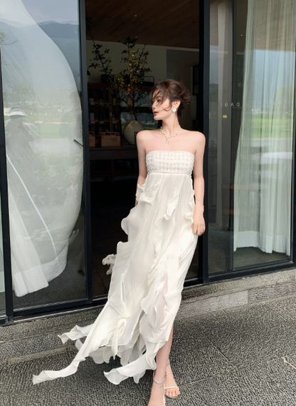 Robe Fourreau d'Été Blanche Simple pour Invitée de Mariage, Robe de Vacances Bustier en Mousseline, Longue Robe de Soirée ED07870
