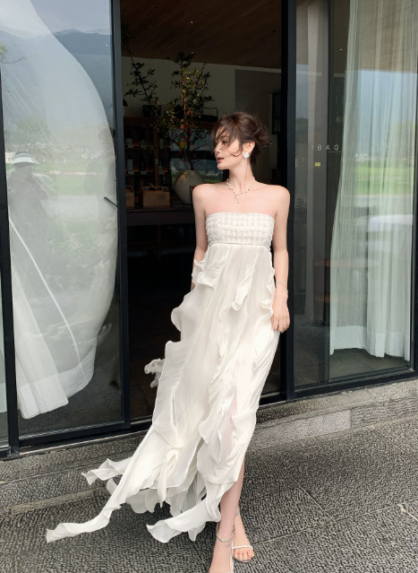 Simple White Wedding Guest Dress Summer Sheath Strapless Vacation Dress Chiffon Long Evening Dress ED07870