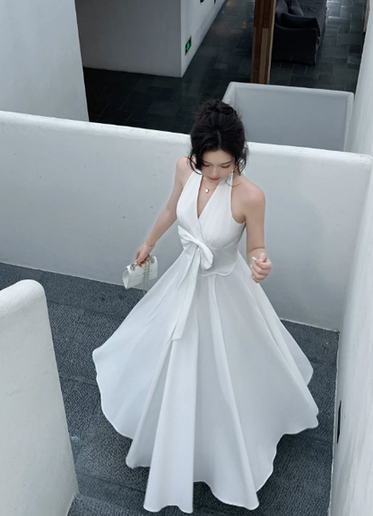 Simple White Wedding Guest Dress Summer Sheath Halter Vacation Dress Chiffon Long Evening Dress ED07871