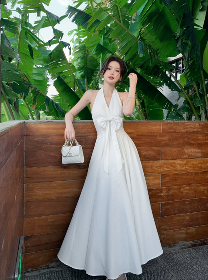 Simple White Wedding Guest Dress Summer Sheath Halter Vacation Dress Chiffon Long Evening Dress ED07871