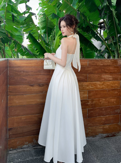 Simple White Wedding Guest Dress Summer Sheath Halter Vacation Dress Chiffon Long Evening Dress ED07871
