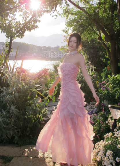 Robe d'invitée de mariage rose simple fourreau bustier d'été robe de vacances en mousseline de soie longue robe de soirée ED07872