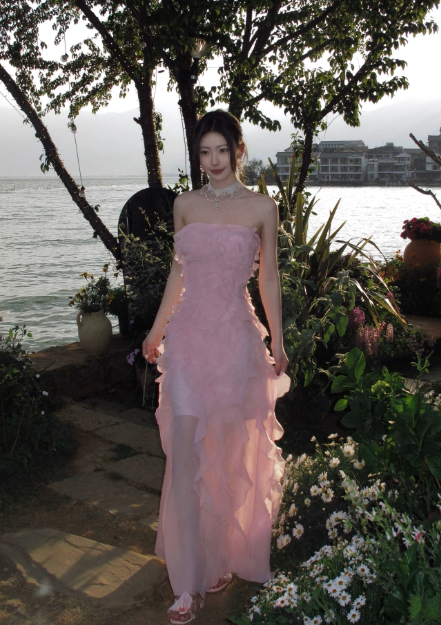 Simple Pink Wedding Guest Dress Summer Sheath Strapless Vacation Dress Chiffon Long Evening Dress ED07872