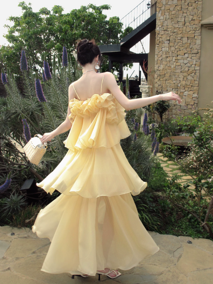 Simple Yellow Bridesmaid Dress Summer Wedding Guest Dress Sheath Spaghetti Straps Vacation Dress Chiffon Long Evening Dress ED07873