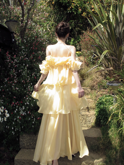 Simple Yellow Bridesmaid Dress Summer Wedding Guest Dress Sheath Spaghetti Straps Vacation Dress Chiffon Long Evening Dress ED07873