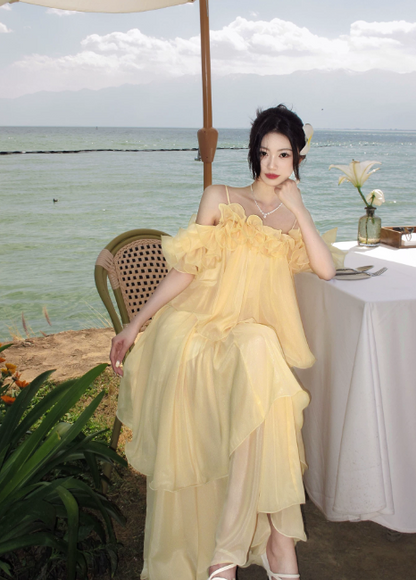Simple Yellow Bridesmaid Dress Summer Wedding Guest Dress Sheath Spaghetti Straps Vacation Dress Chiffon Long Evening Dress ED07873