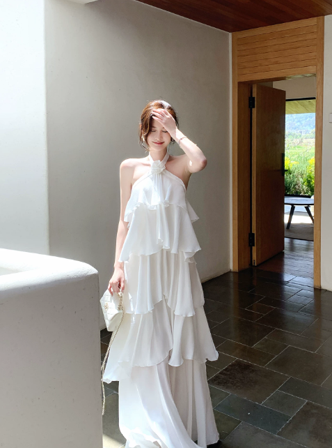 Simple White Bridesmaid Dress Summer Wedding Guest Dress Sheath Halter Vacation Dress Chiffon Long Evening Dress ED07874