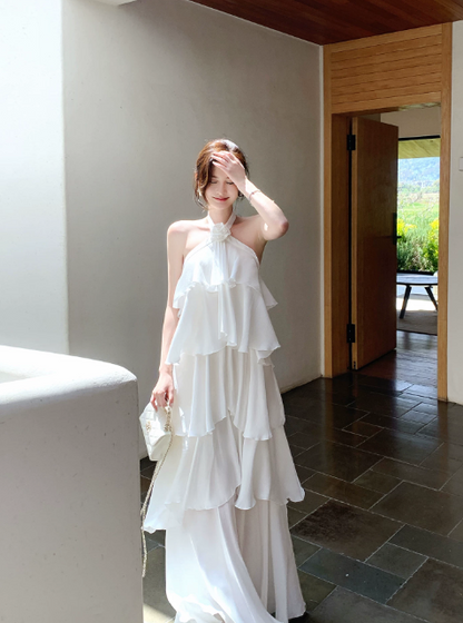 Simple White Bridesmaid Dress Summer Wedding Guest Dress Sheath Halter Vacation Dress Chiffon Long Evening Dress ED07874