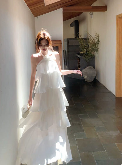 Simple White Bridesmaid Dress Summer Wedding Guest Dress Sheath Halter Vacation Dress Chiffon Long Evening Dress ED07874