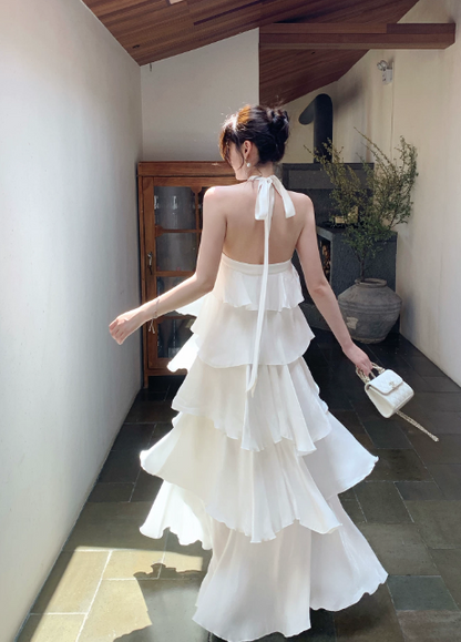 Simple White Bridesmaid Dress Summer Wedding Guest Dress Sheath Halter Vacation Dress Chiffon Long Evening Dress ED07874