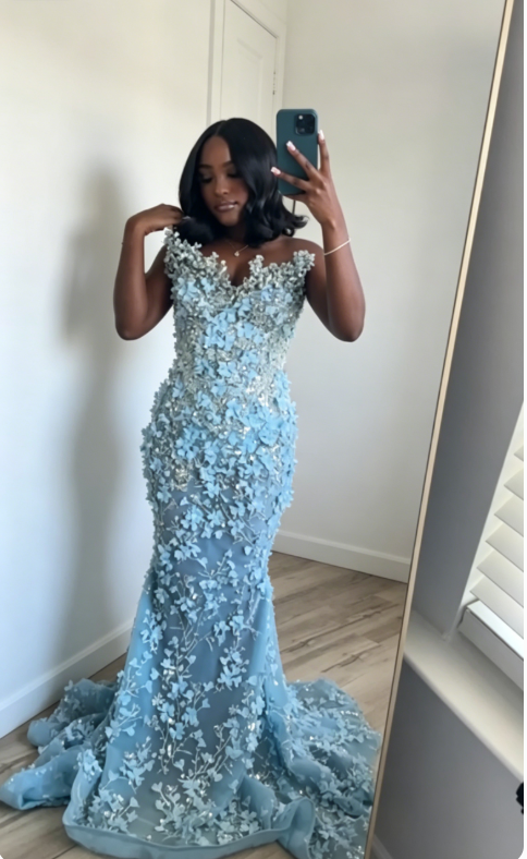 Robe de soirée longue sirène en mousseline avec appliques, modèle Sexy Sweetheart, robe de bal bleue ED07875