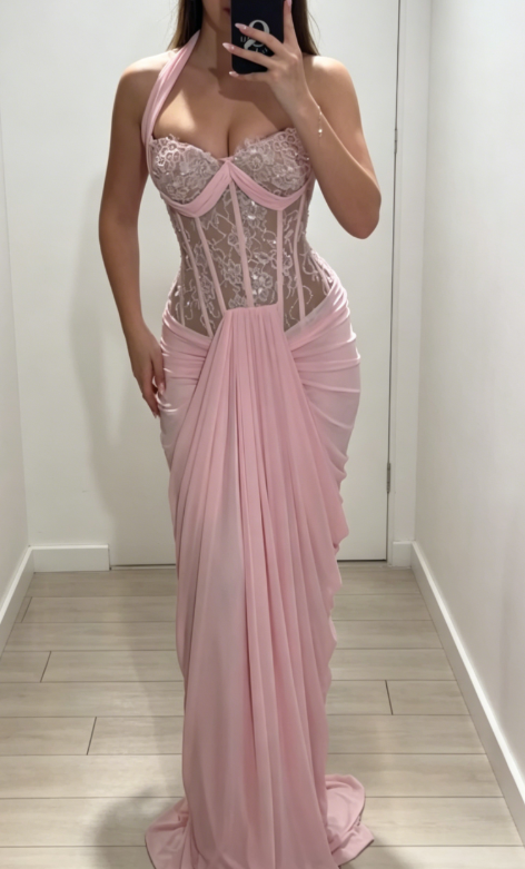 Robe de Soirée Longue en Chiffon et Dentelle avec Bretelles Tour de Cou et Fourreau Rose Robe de Bal ED07876