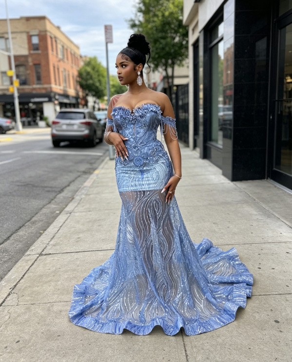 Sexy Off-shoulder Mermaid Tulle Beaded Long Evening Dress Blue Prom Dress ED07881