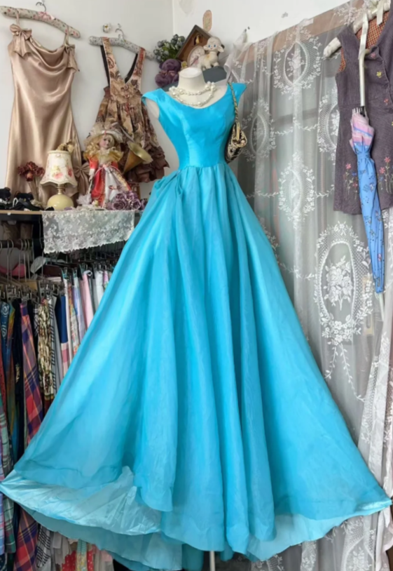 Chic Scoop Sheath Satin Long Evening Dress Blue Prom Dress ED07884