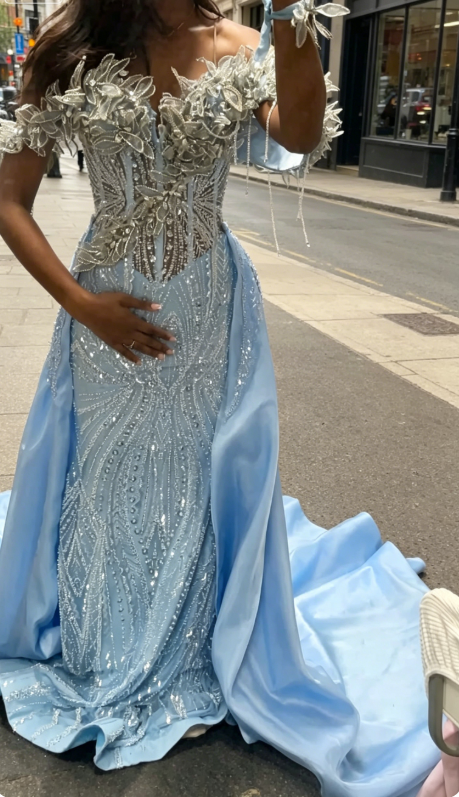 Chic Off-shoulder Sheath Tulle Beaded Long Evening Dress Blue Prom Dress ED07886