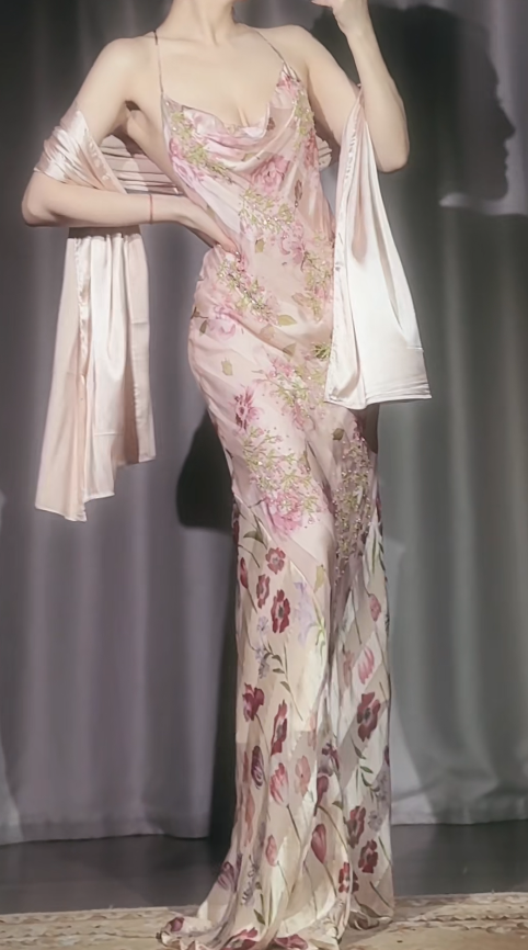 Chic Spaghetti Straps Sheath Floral Silk Long Evening Dress Pink Prom Dress ED07888