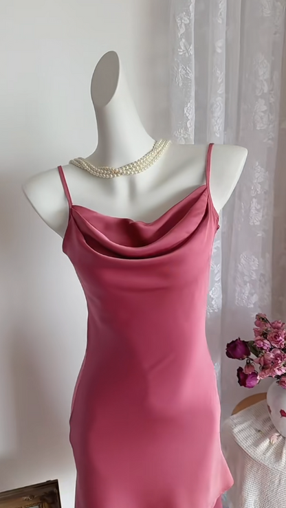 Robe de soirée chic à fines bretelles en mousseline rose courte ED07890