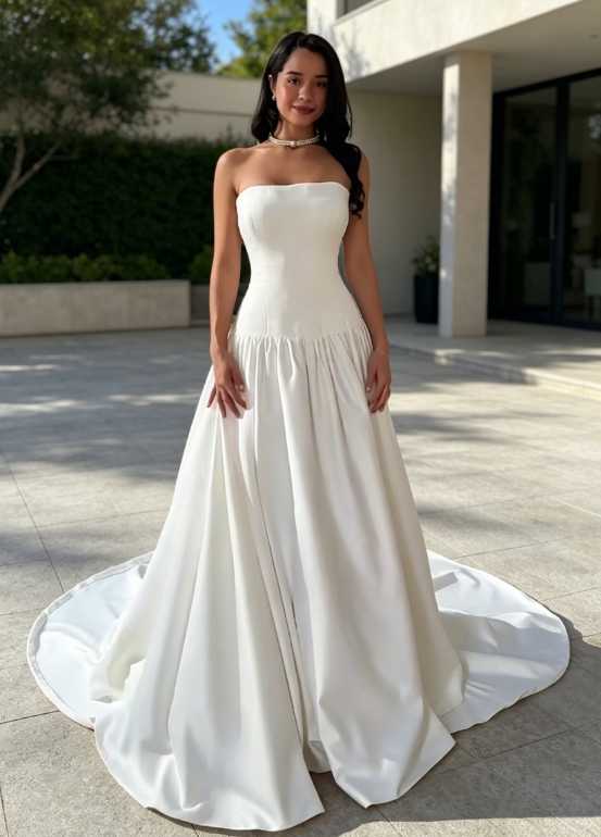 Robe de mariée intemporelle bustier trapèze en satin, robe de mariée blanche ED07892