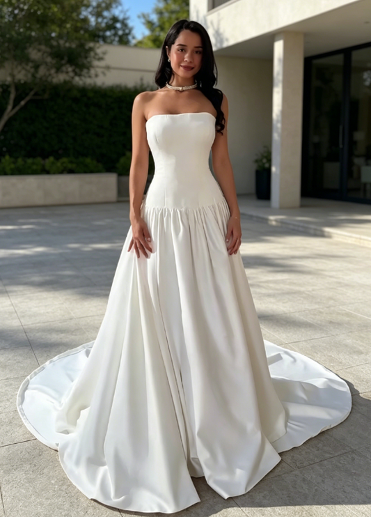 Timeless Strapless A-Line Wedding Dress Satin Bridal Dress White Bridal Gown ED07892