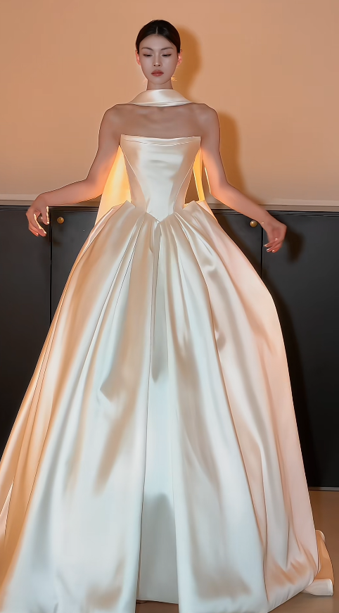Zeitloses trägerloses A-Linien Hochzeitskleid aus Satin, Brautkleid Weiß ED07894