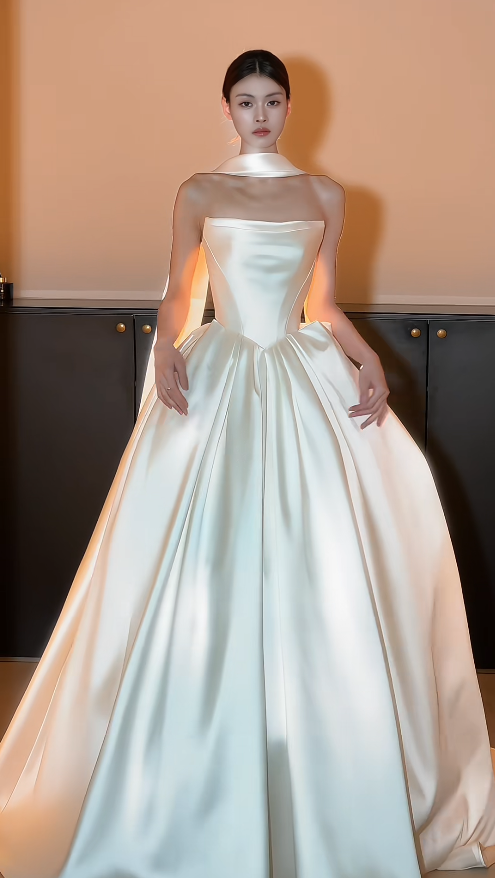 Zeitloses trägerloses A-Linien Hochzeitskleid aus Satin, Brautkleid Weiß ED07894