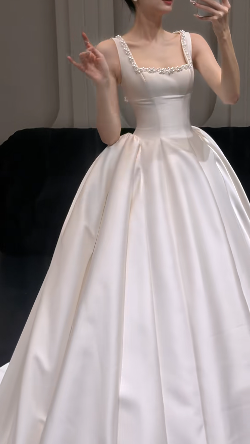 Timeless Straps A-Line Wedding Dress Satin Bridal Dress White Bridal Gown ED07897