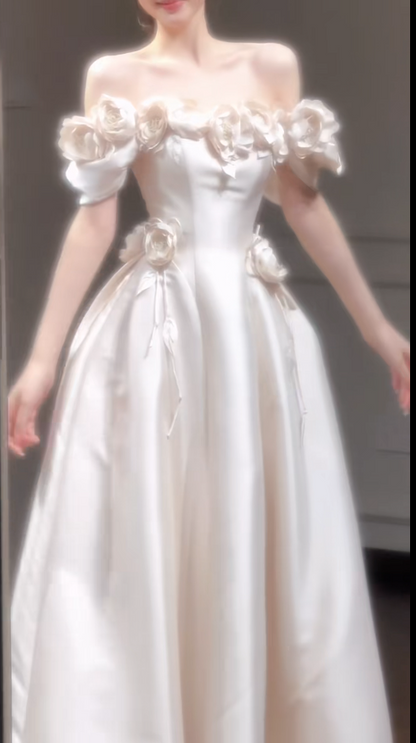 Timeless Off-shoulder A-Line Wedding Dress Satin Bridal Dress Champagne Bridal Gown ED07899
