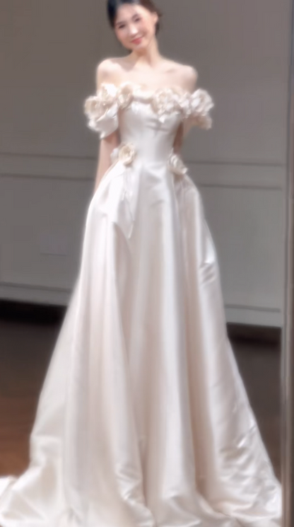 Timeless Off-shoulder A-Line Wedding Dress Satin Bridal Dress Champagne Bridal Gown ED07899