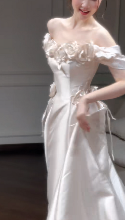 Timeless Off-shoulder A-Line Wedding Dress Satin Bridal Dress Champagne Bridal Gown ED07899