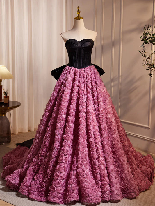 A-Line Sweetheart Neck 3D Flower Pink Long Prom Dress, Pink Long Formal Dress   ED079