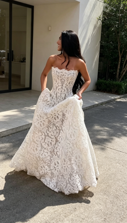 Timeless Strapless A-Line Wedding Dress Lace Bridal Dress White Bridal Gown ED07900