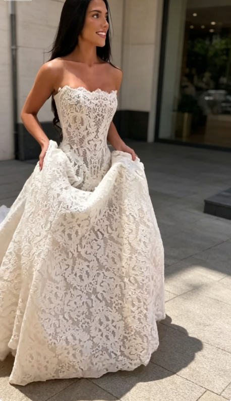 Timeless Strapless A-Line Wedding Dress Lace Bridal Dress White Bridal Gown ED07900